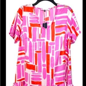 Michelle Mcdowell short sleeve pink orange white V neck midi Dress Ruffle Hem